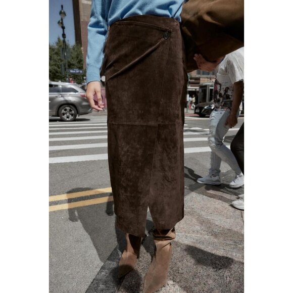 ZARA 100% LEATHER WRAP MIDI SKIRT - Picture 3 of 8